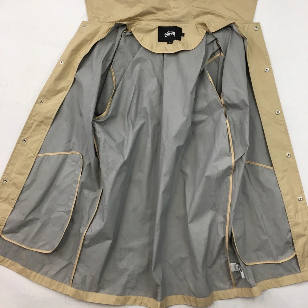 Stussy Mens Rain Long Coat Coach Jacket‎ Size L Snap Logo Lightweight Outerwear